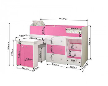 Кровать-чердак Малыш 1600 Дуб молочный/Розовый в Диксоне - dikson.mebel54.com | фото