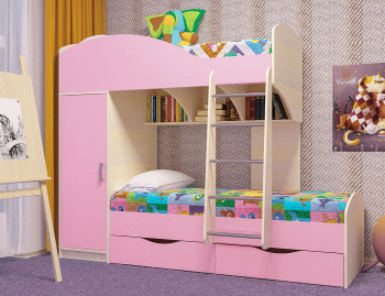 Кровать детская Жемчужина двухместная 1.8 Дуб молочный/Розовый в Диксоне - dikson.mebel54.com | фото