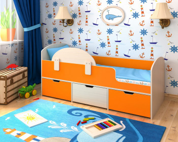 Кровать Малыш-мини с бортиком Дуб молочный/Оранжевый в Диксоне - dikson.mebel54.com | фото