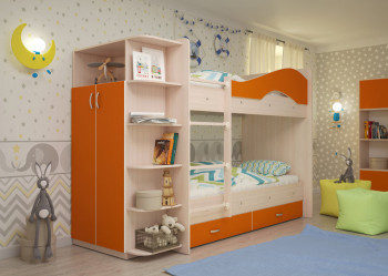 Кровать Мая двухъярусная с ящиками и шкафом Млечный дуб/Оранжевый в Диксоне - dikson.mebel54.com | фото