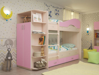 Кровать Мая двухъярусная с ящиками и шкафом Млечный дуб/Розовый в Диксоне - dikson.mebel54.com | фото