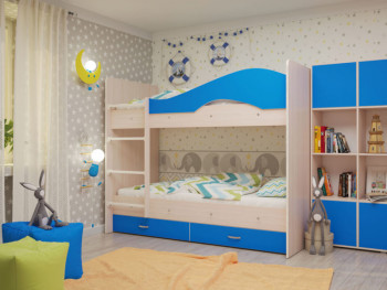 Кровать Мая двухъярусная с ящикамиМлечный дуб/Голубой в Диксоне - dikson.mebel54.com | фото