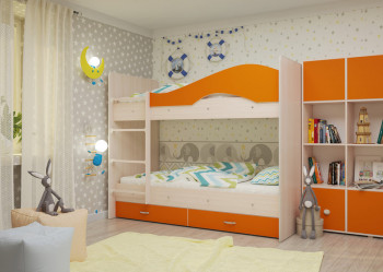 Кровать Мая двухъярусная с ящикамиМлечный дуб/Оранжевый в Диксоне - dikson.mebel54.com | фото