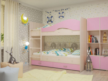 Кровать Мая двухъярусная с ящикамиМлечный дуб/Розовый в Диксоне - dikson.mebel54.com | фото