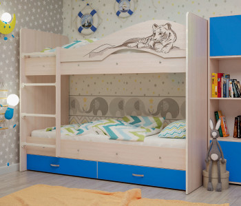 Кровать Мая-Сафари двухъярусная с ящикамиМлечный дуб/Голубой в Диксоне - dikson.mebel54.com | фото