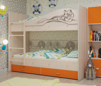 Кровать Мая-Сафари двухъярусная с ящикамиМлечный дуб/Оранжевый в Диксоне - dikson.mebel54.com | фото