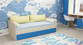 Кровать с выкатными ящиками Дуб молочный/Голубой в Диксоне - dikson.mebel54.com | фото
