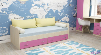 Кровать с выкатными ящиками Дуб Молочный/Розовый в Диксоне - dikson.mebel54.com | фото