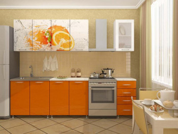 Кухонный гарнитур 1,6м Апельсин (Белый/Оранжевый металлик/Фотопечать апельсин) в Диксоне - dikson.mebel54.com | фото