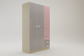 Шкаф 3-х створчатый с ящиками Грэйси (Розовый/Серый/корпус Клен) в Диксоне - dikson.mebel54.com | фото