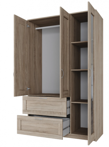 Шкаф трехдверный Сириус с зеркалом и 2 ящиками дуб сонома в Диксоне - dikson.mebel54.com | фото